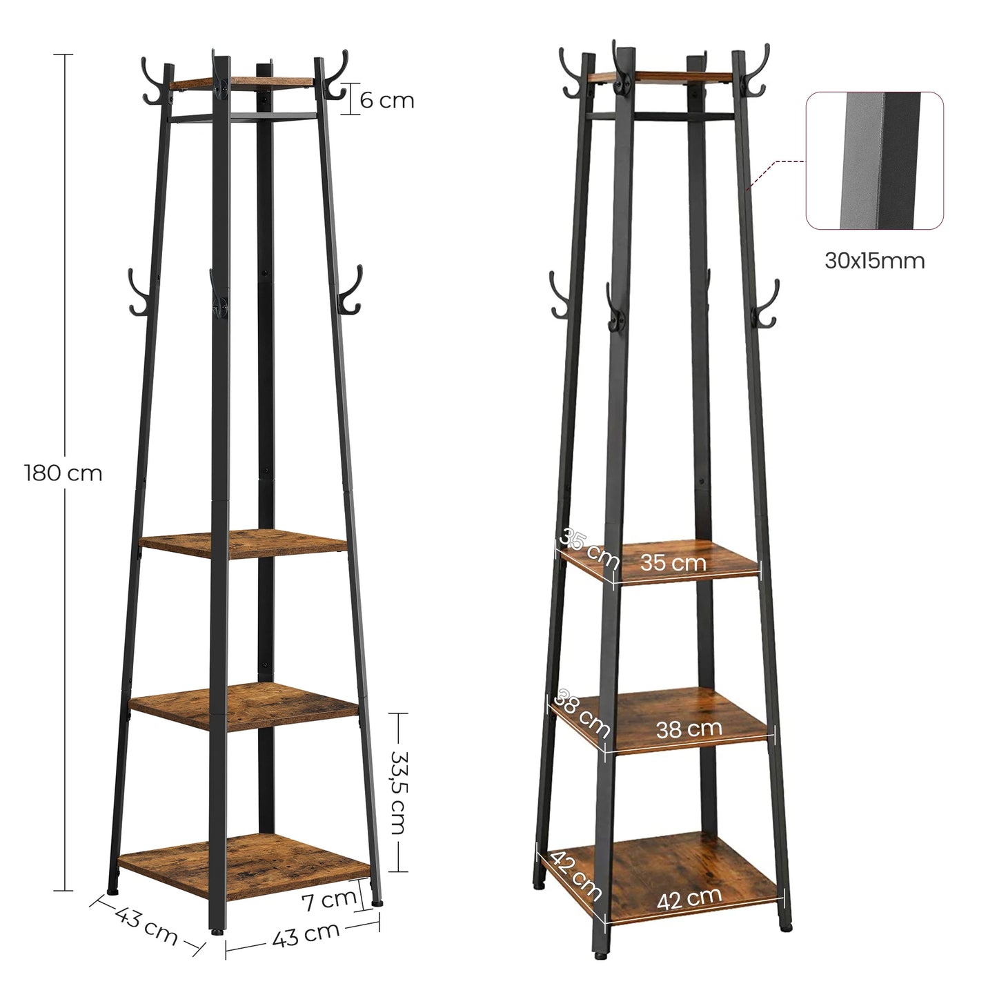 Porte-manteau vestiaire Le Pyramio en bois rustique et métal noir, design industriel et stable.