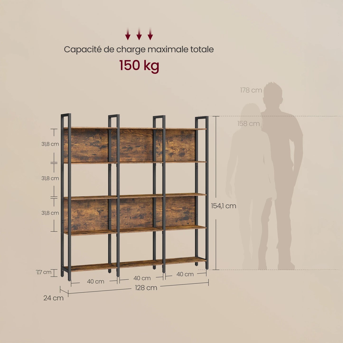 Grande bibliothèque bois et métal industrielle 5 niveaux 3 colonnes - Le Grandio