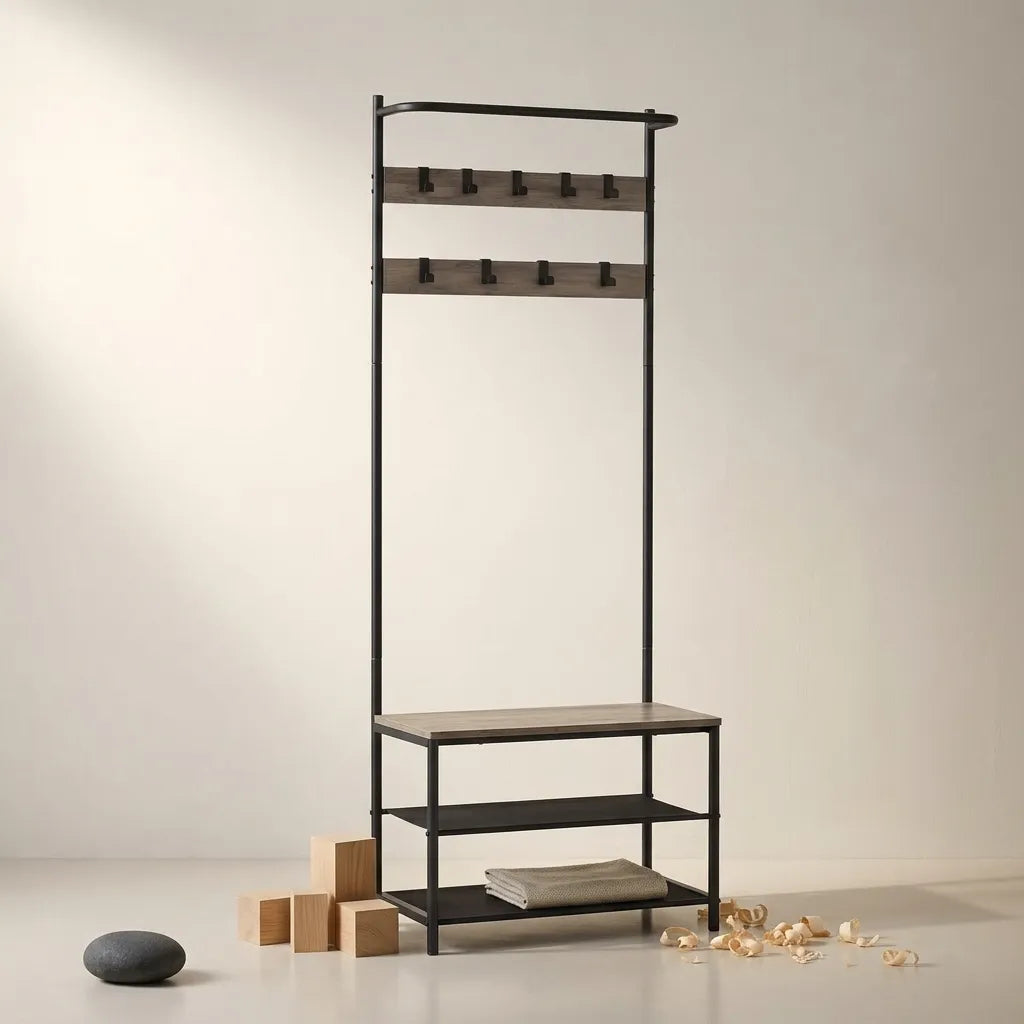 Meuble d'entrée Le Vestio industriel en bois rustique et métal noir avec banc.