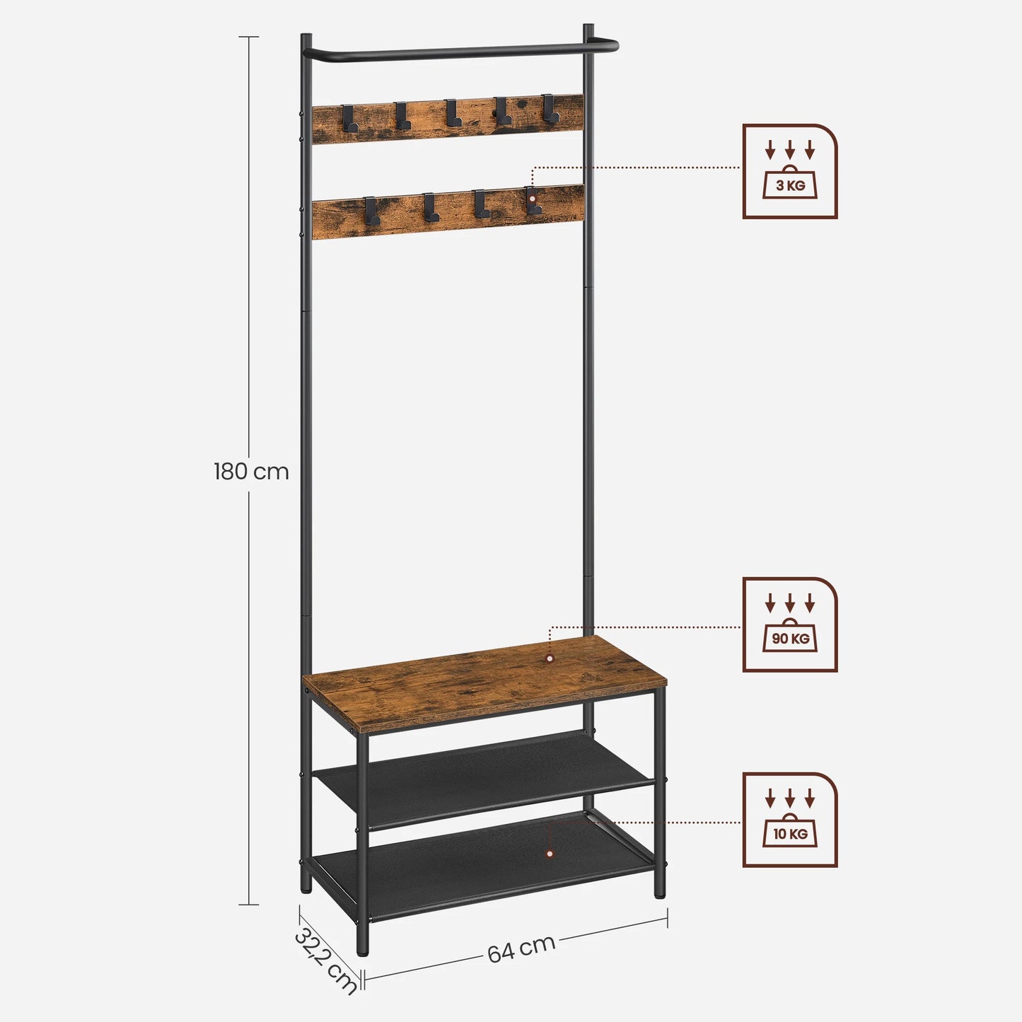 Meuble d'entrée Le Vestio industriel en bois rustique et métal noir avec banc.