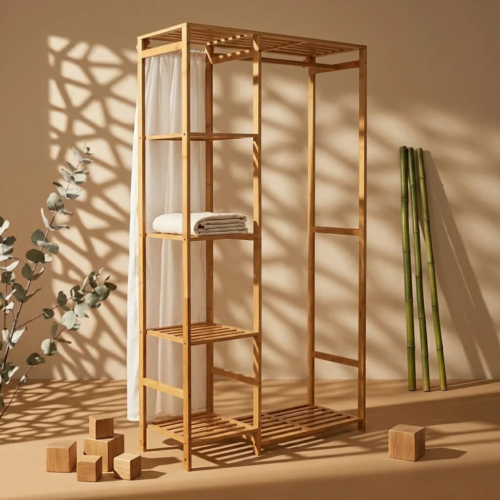 Dressing ouvert Le Wardio en bambou naturel, porte-manteau vertical et étagères, style scandinave.