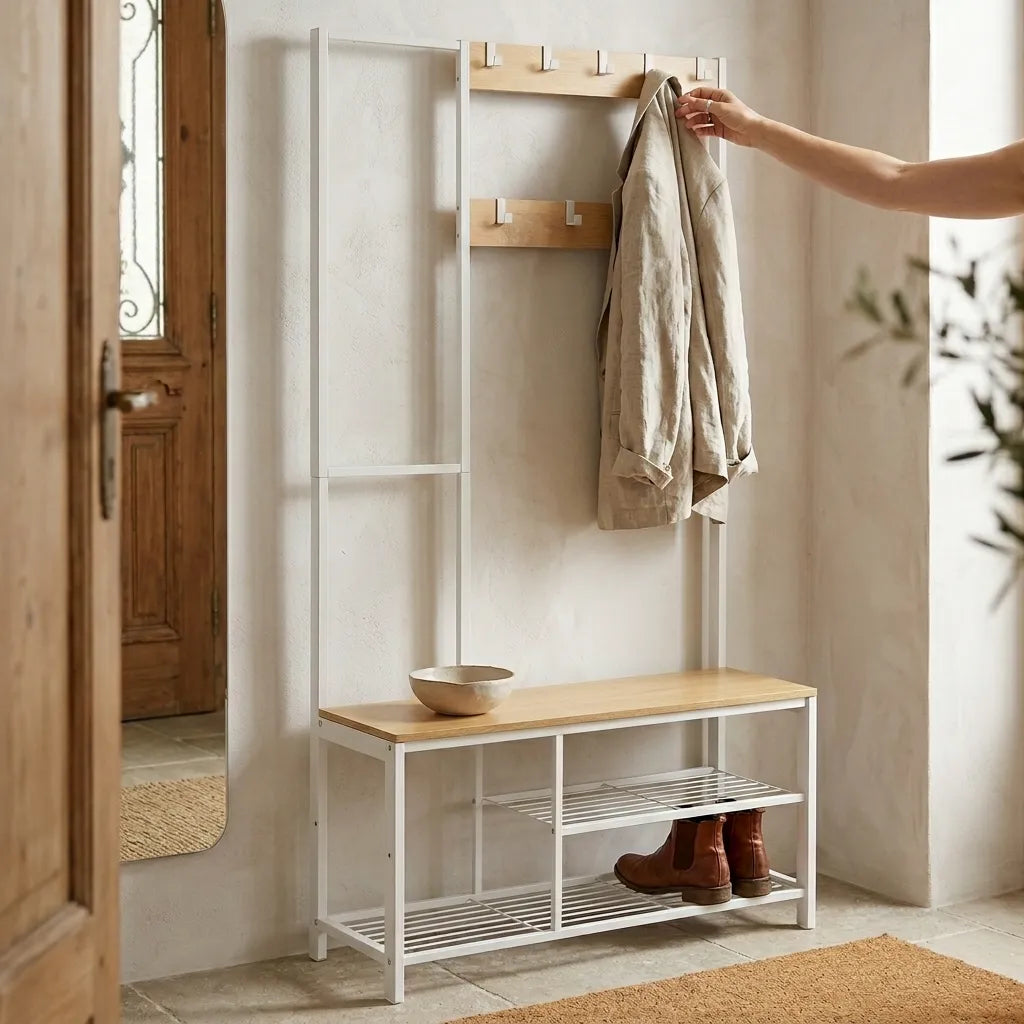 Meuble porte manteaux avec miroir et banc en bois et métal blanc - Le Mirorio