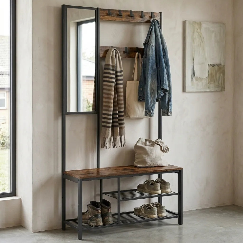 Meuble porte manteaux avec miroir et banc en bois et métal noir - Le Mirorio