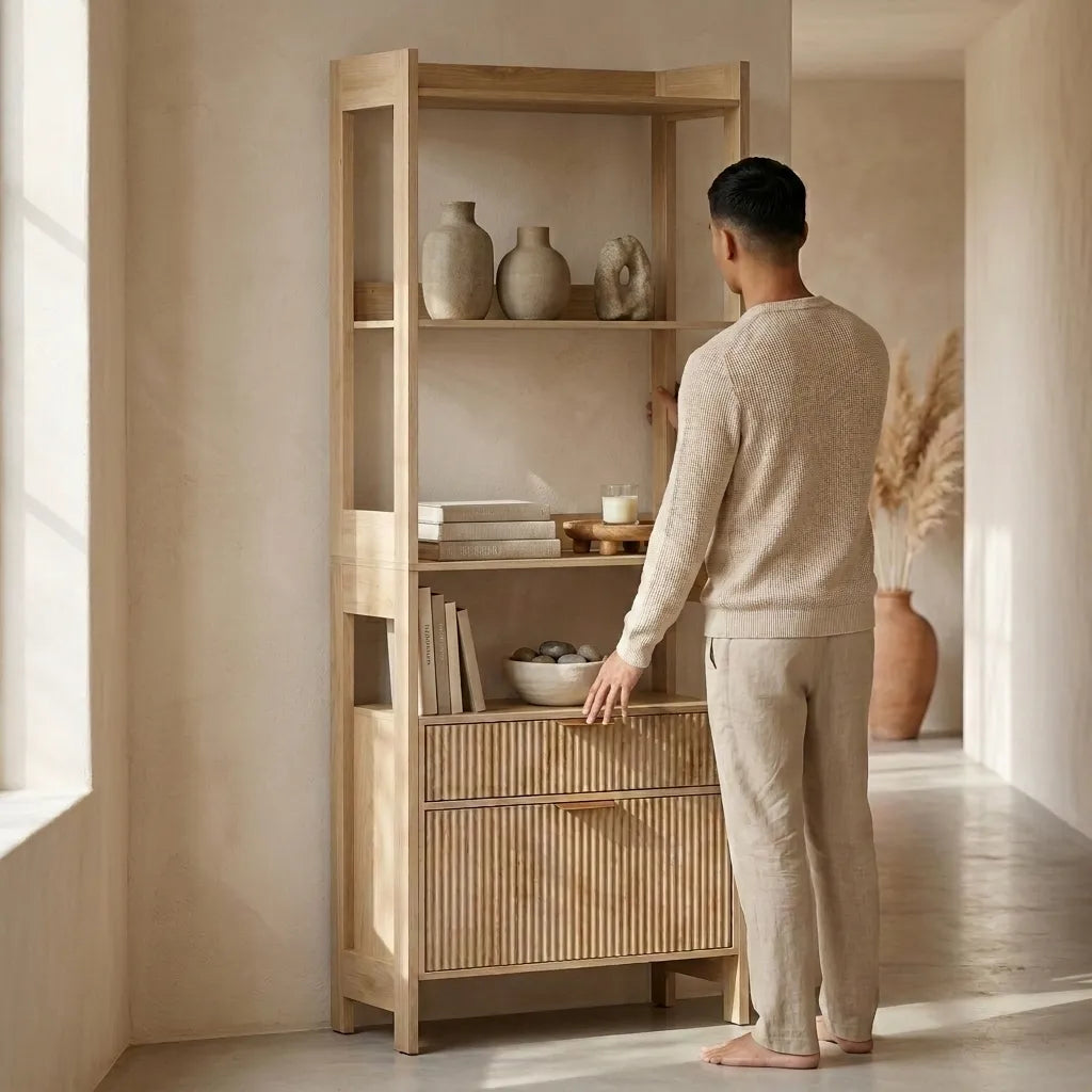 Meuble de rangement avec tiroirs cannelés et étagères en bois - Le Cannelio