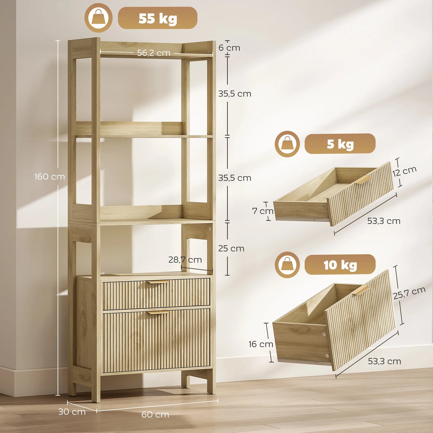 Meuble de rangement avec tiroirs cannelés et étagères en bois - Le Cannelio
