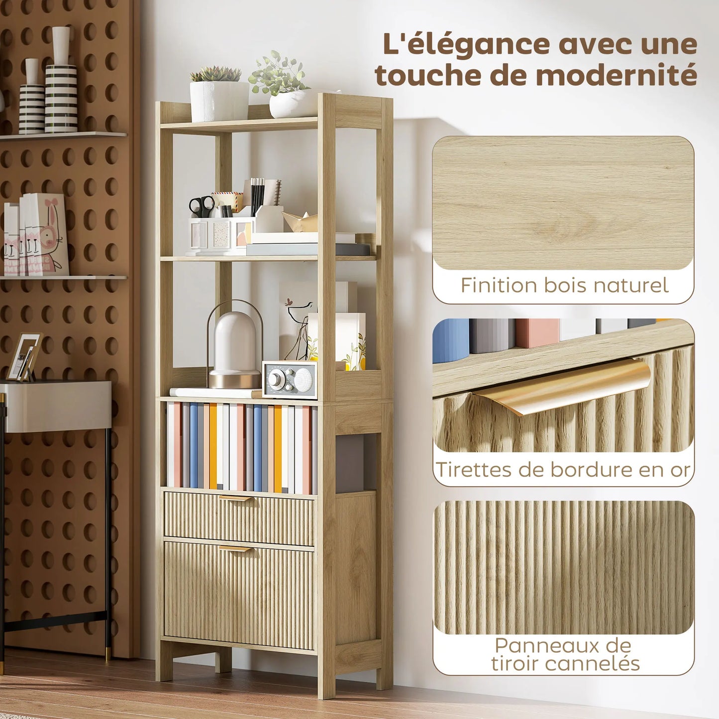 Meuble de rangement avec tiroirs cannelés et étagères en bois - Le Cannelio