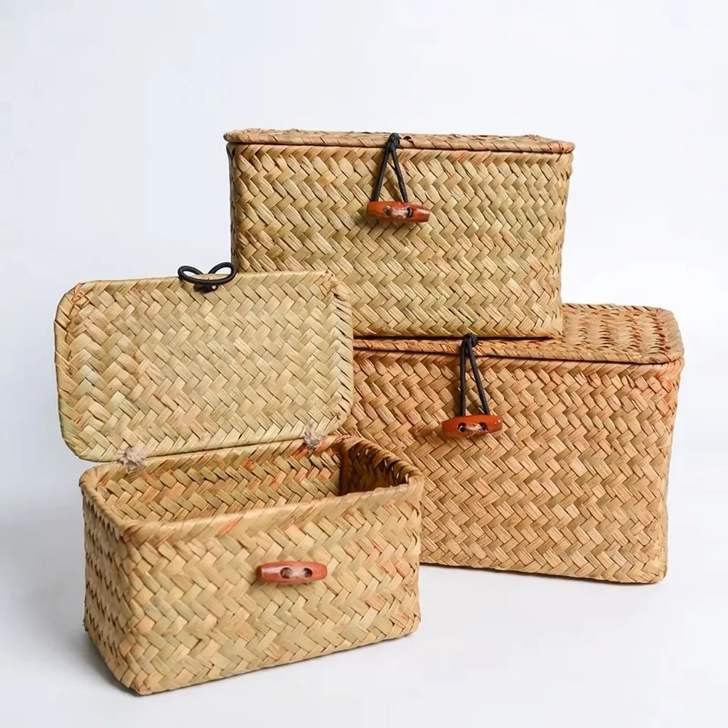 Panier de rangement en jonc de mer tressé avec couvercle - Le Jonquio