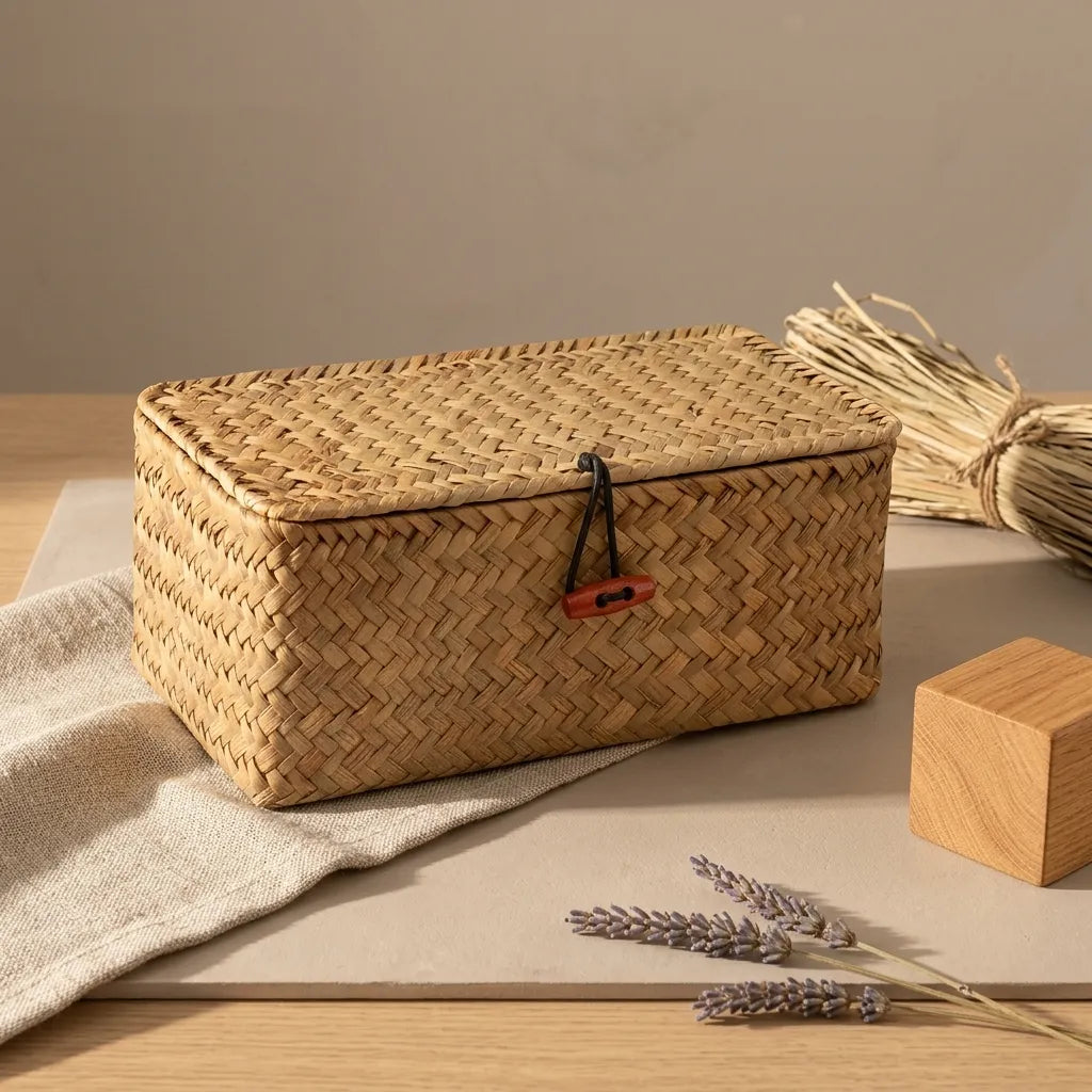 Panier de rangement en jonc de mer tressé avec couvercle - Le Jonquio