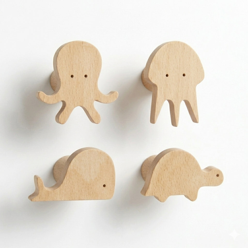 Patères murales enfant Animio en bois de hêtre, designs animaux ludiques.