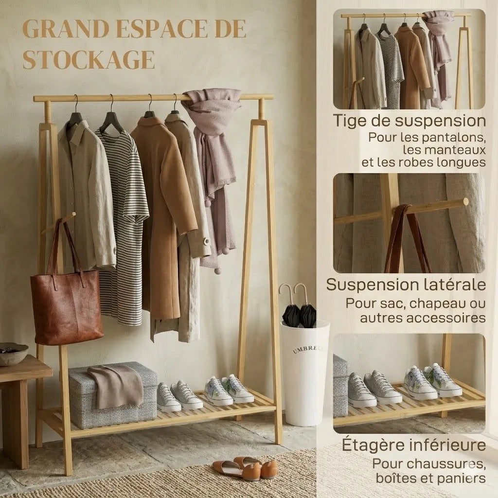 Portant Le Tringlio en bambou naturel avec étagère et patère latérale.