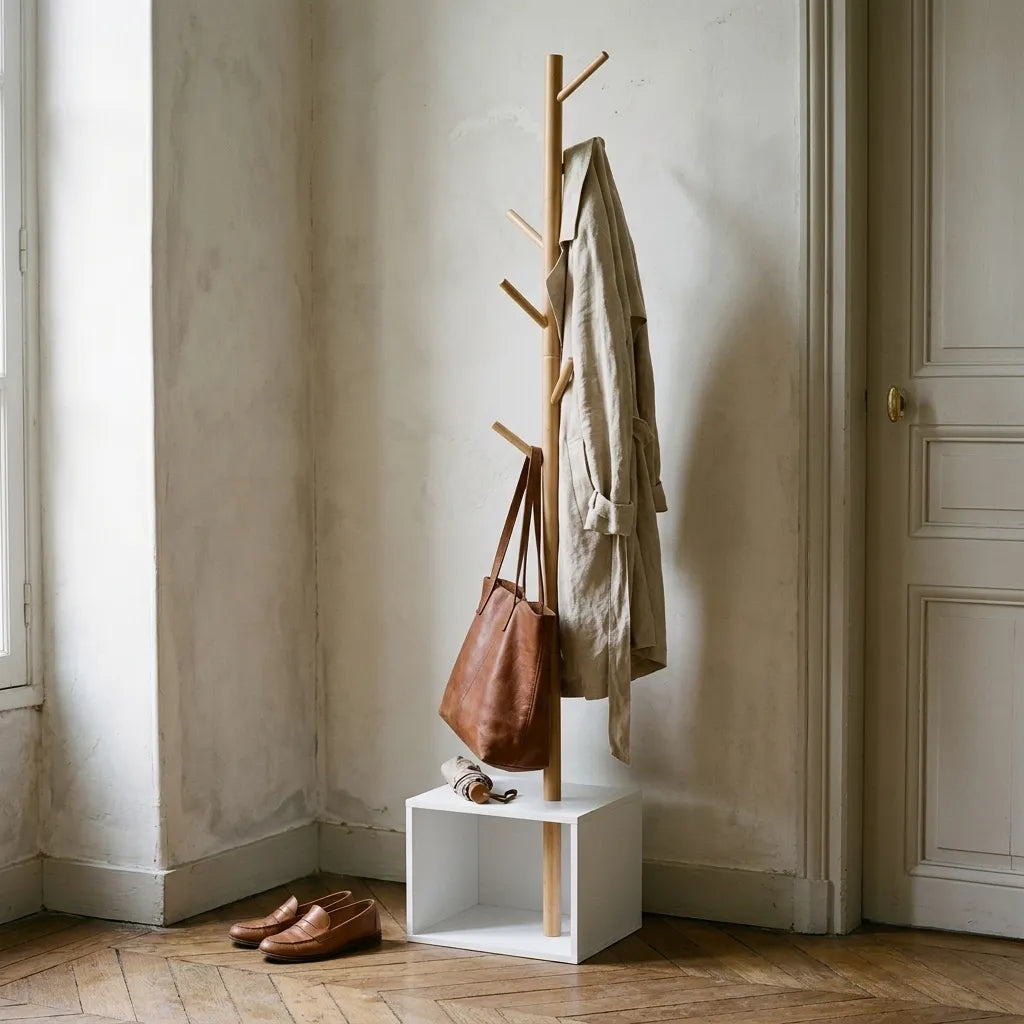 Portant manteau sur pied 2-en-1 avec caisson de rangement intégré - Le Ramio