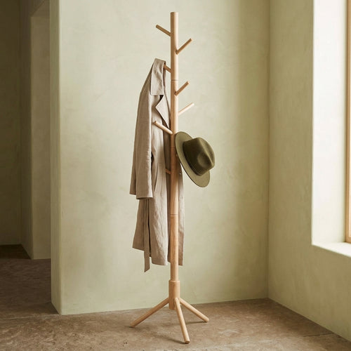 portant manteau sur pied réglable en bois clair