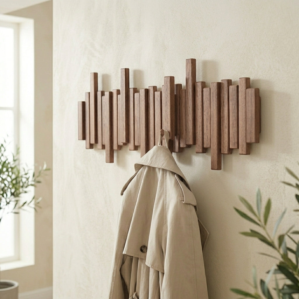 Porte manteau mural design Le Skylio en bois de noyer avec 8 crochets rétractables