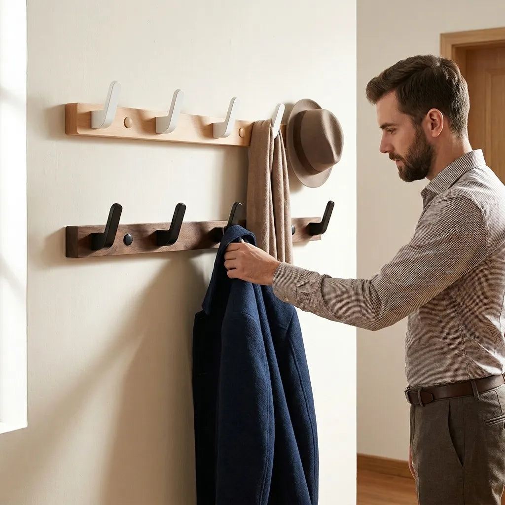 Porte-manteau mural Le Linio en noyer, crochets escamotables en métal mat.
