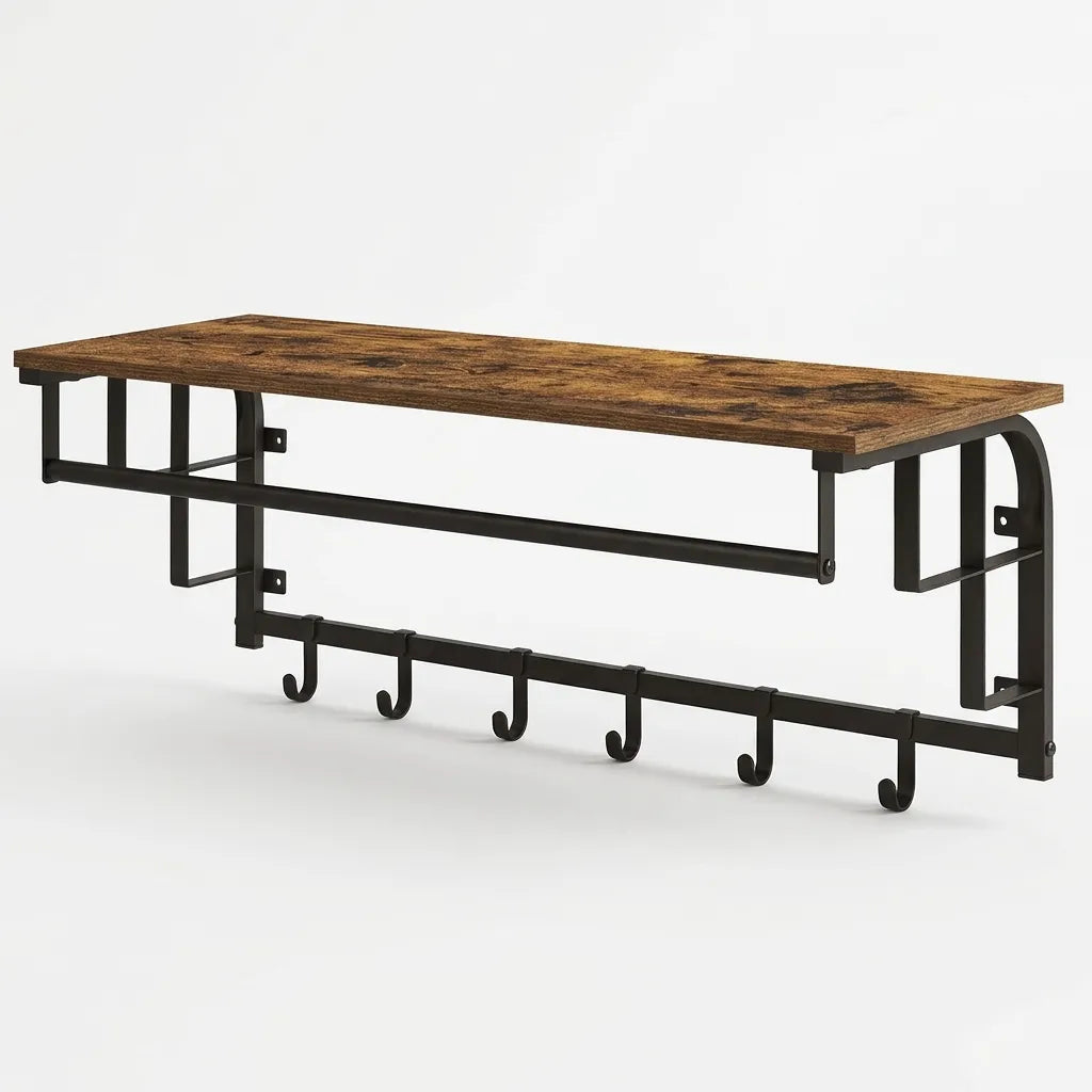 Porte-manteau mural étagère, style industriel bois rustique acier noir, rangement entrée