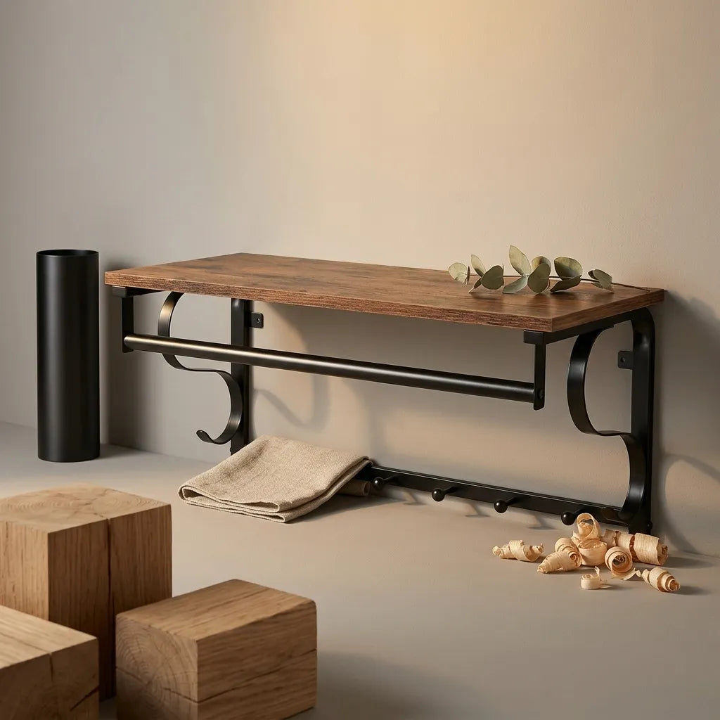 Porte-manteau mural industriel avec étagère et volutes - Le Voluto