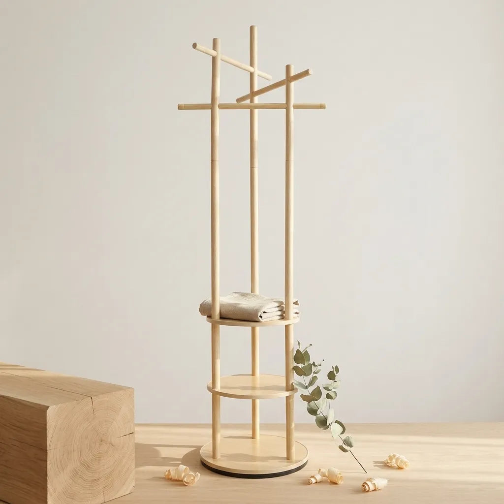Porte-manteau rotatif en bois avec étagères - Le Spinio