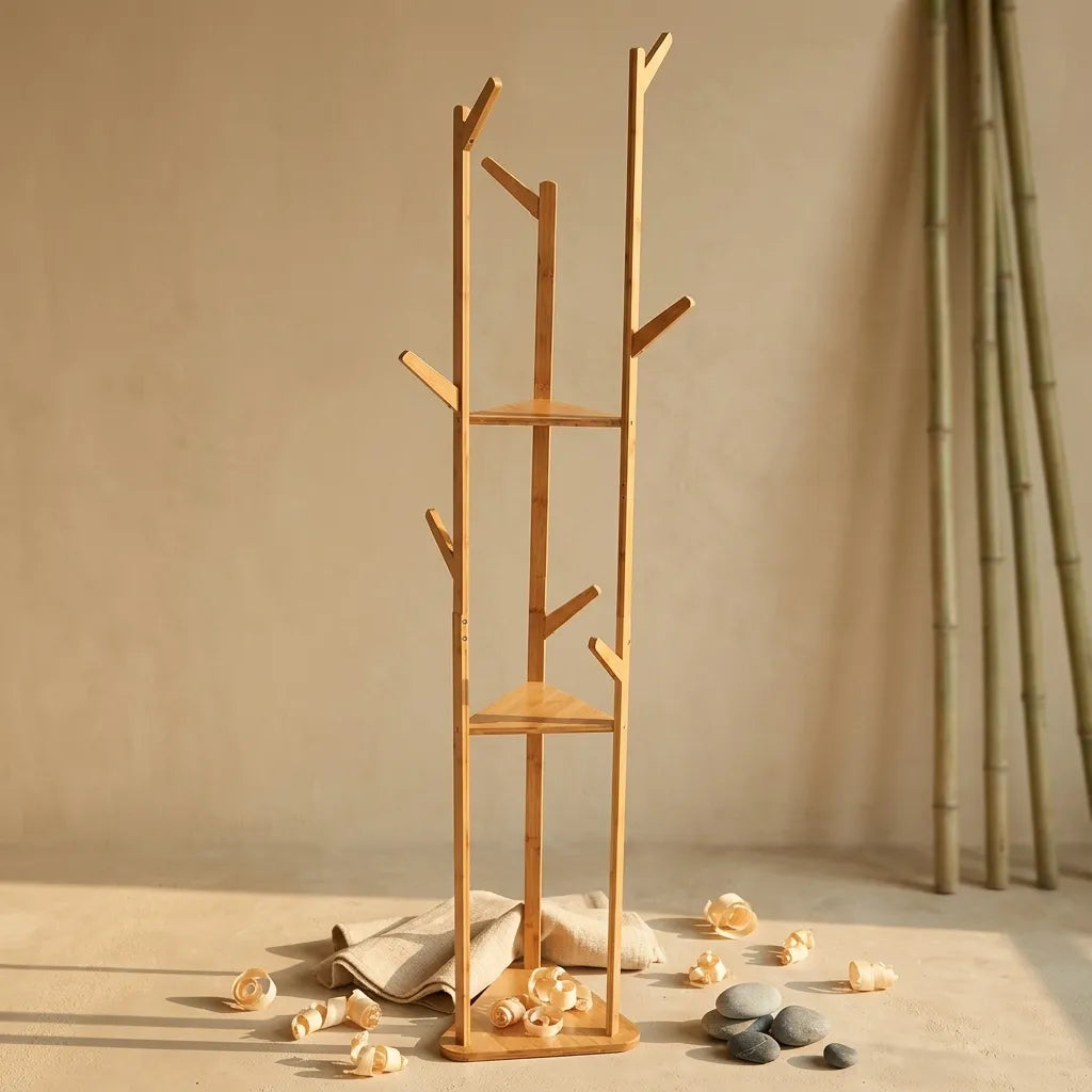Porte-manteau sur pied arbre en bambou avec étagères - Le Arboreio