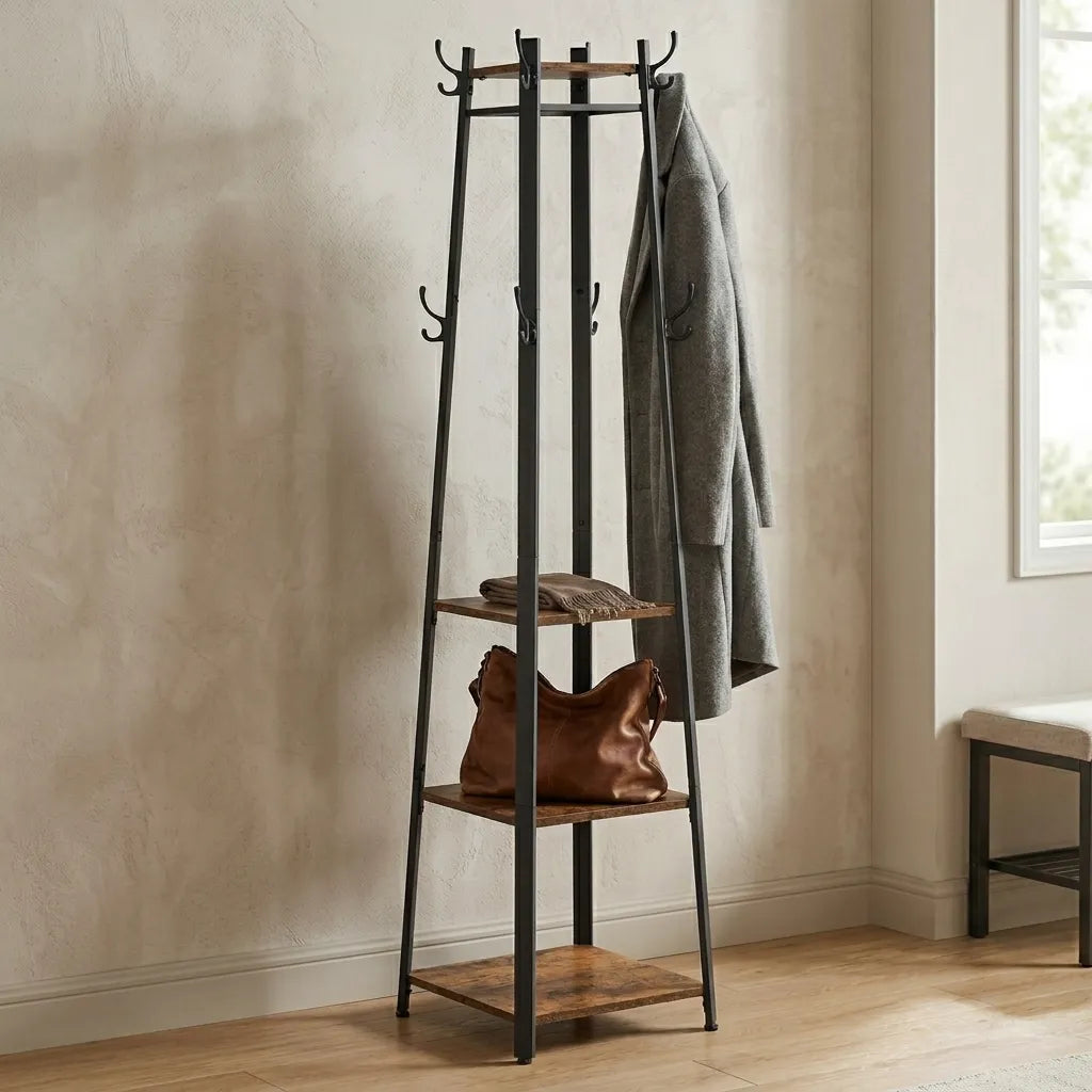 Porte-manteau vestiaire Le Pyramio en bois rustique et métal noir, design industriel et stable.