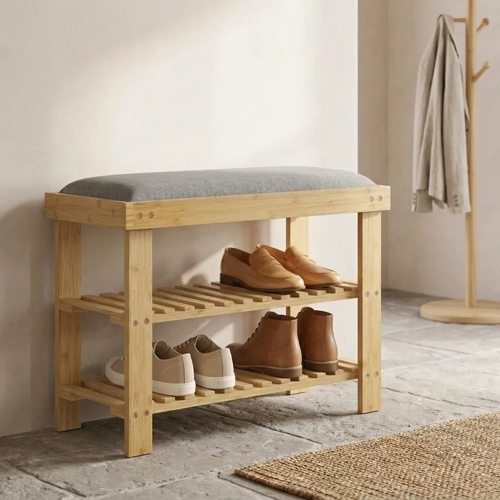 Range-chaussures en bambou 3 niveaux avec assise coussinée - Le Cuscio