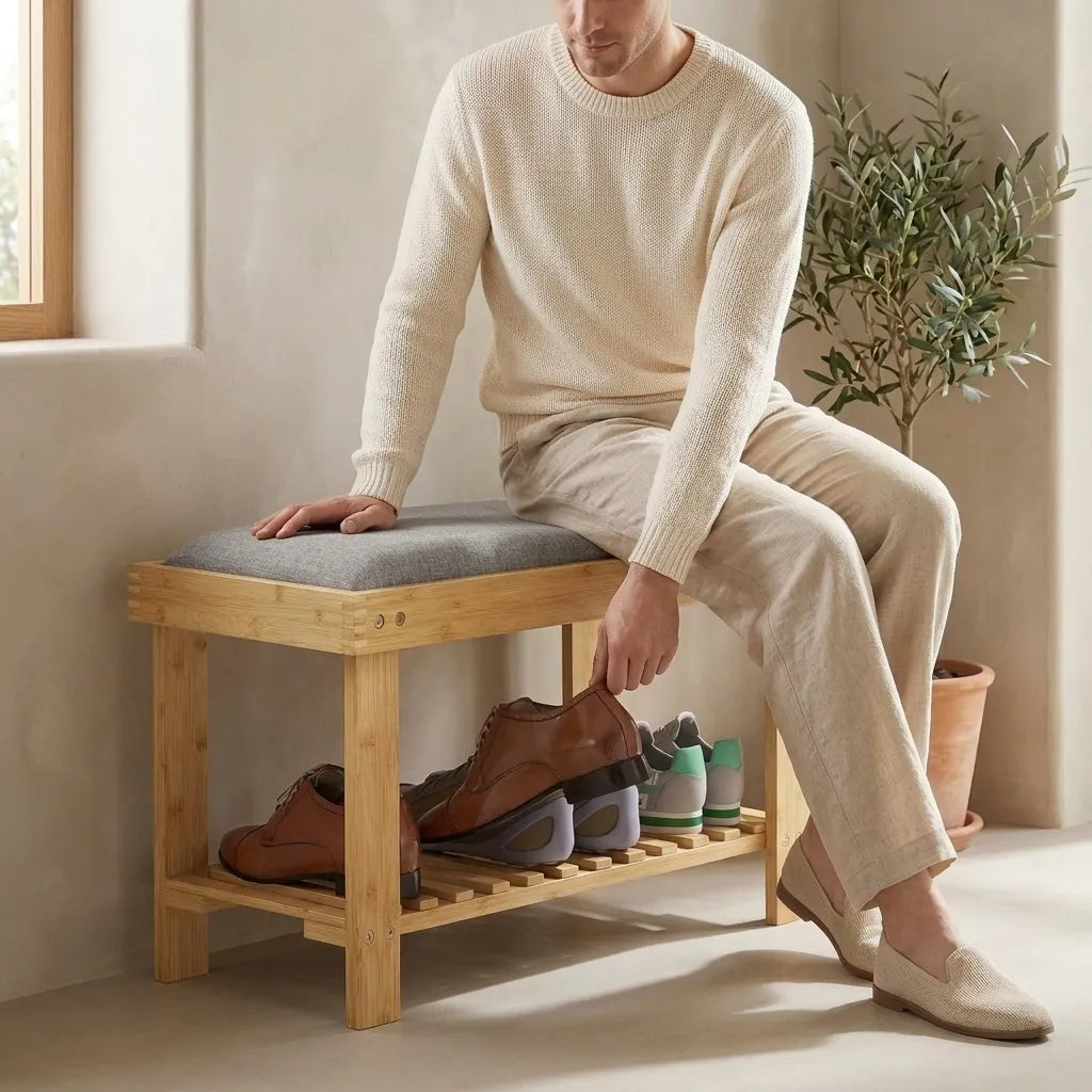 Range-chaussures en bambou 3 niveaux avec assise coussinée - Le Cuscio