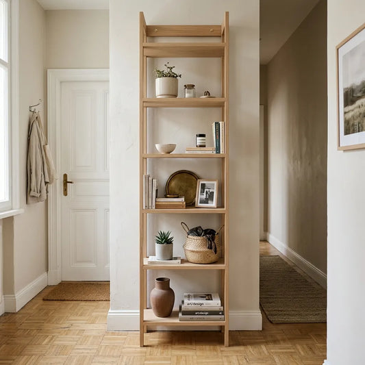 colonne étagère en bois dans une entrée