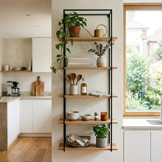 une étagère en bois et métal dans une cuisine