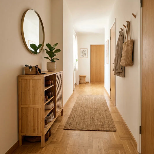 un meuble à chaussures dans une entrée étroite