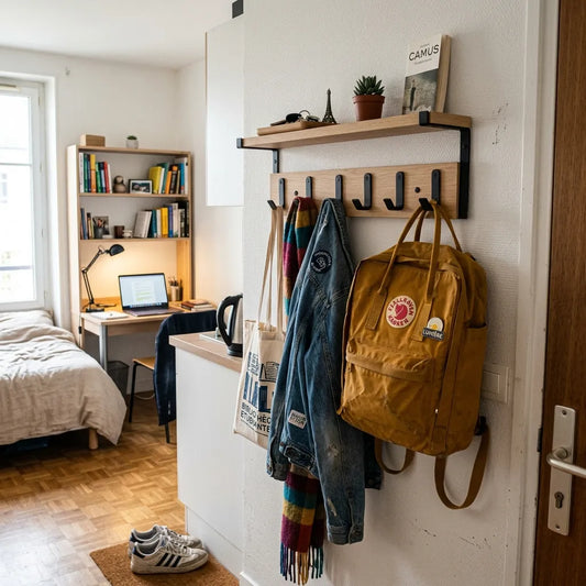 porte manteau en bois dans un studio étudiant