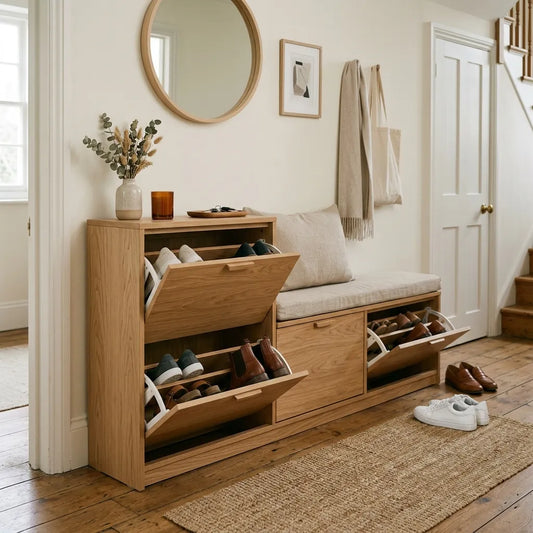 un rangement chaussures en bois dans l'entrée