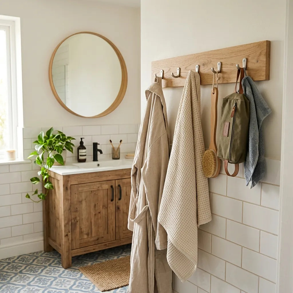 porte manteau en bois dans une salle de bain