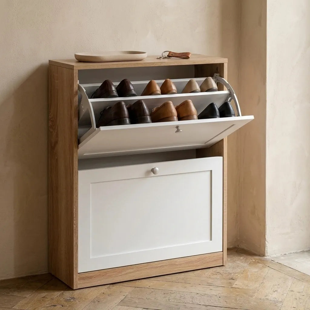 Armoire pour chaussures blanche et bois 2 abattants - Le Bianchio