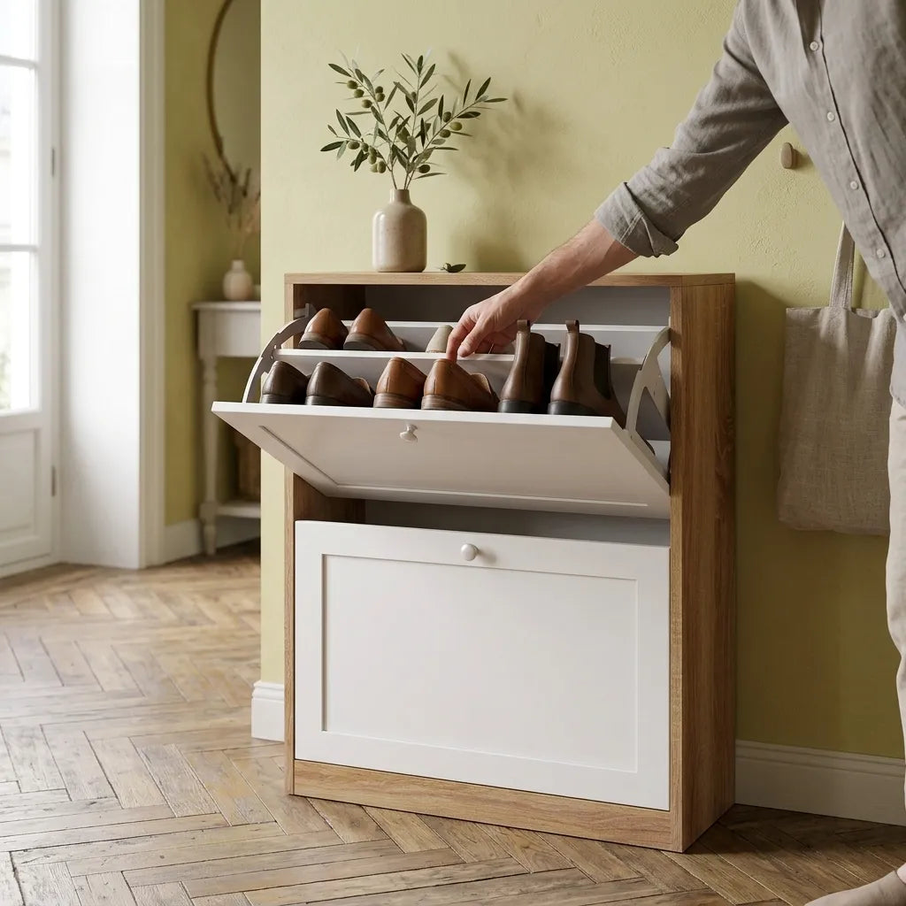 Armoire pour chaussures blanche et bois 2 abattants - Le Bianchio