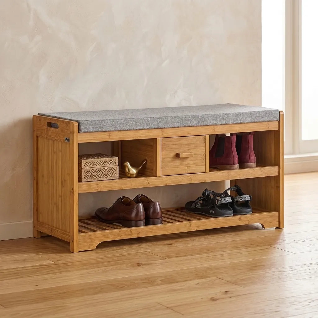 Banc à chaussures en bambou avec coussin - Le Scaffio