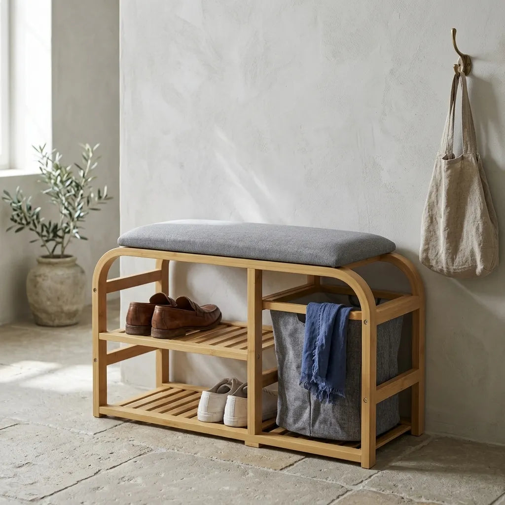 Banc d'entrée scandinave avec panier tissu coulissant - Le Cestio