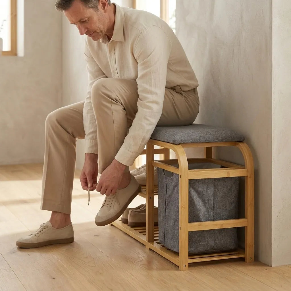 Banc d'entrée scandinave avec panier tissu coulissant - Le Cestio