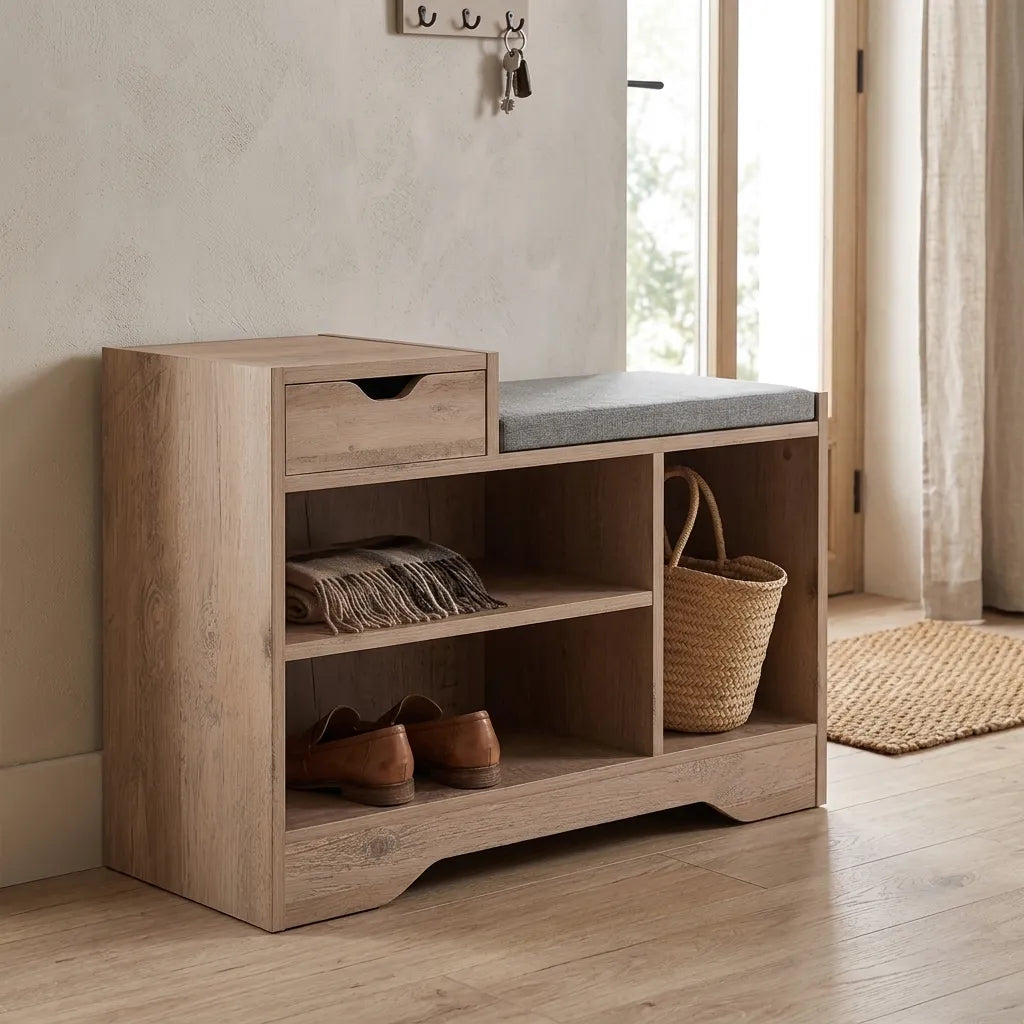 Banc de rangement d'entrée avec tiroir et 3 compartiments bois - Le Casellio