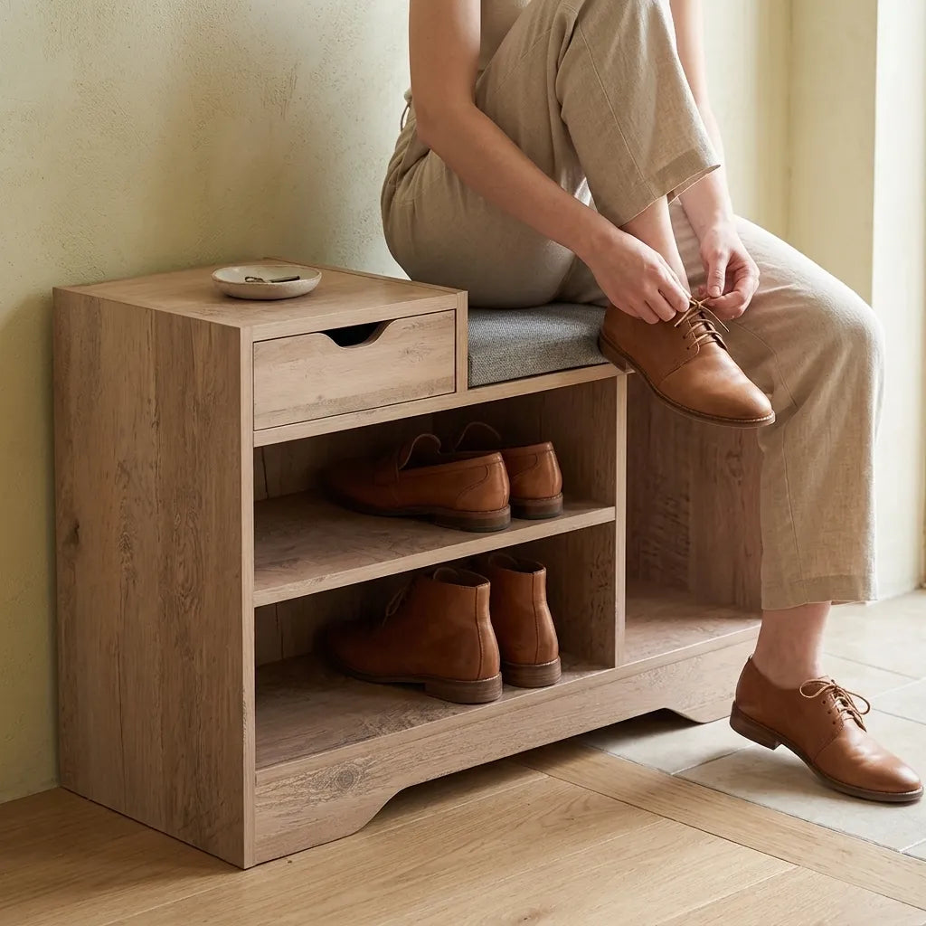 Banc de rangement d'entrée avec tiroir et 3 compartiments bois - Le Casellio
