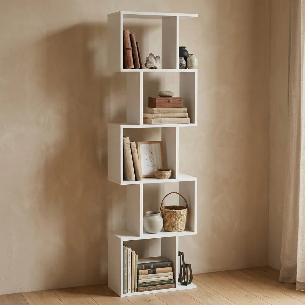 Bibliothèque étagère blanche bois 5 niveaux - Le Serpentio