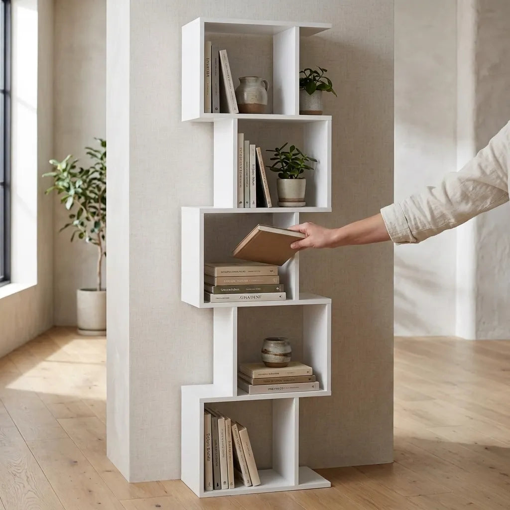Bibliothèque étagère blanche bois 5 niveaux - Le Serpentio