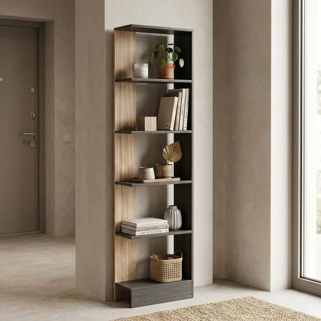 Colonne de rangement chêne 5 compartiments pour salon - Le Duotonio