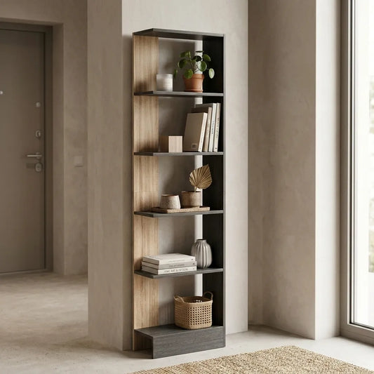 Colonne de rangement chêne 5 compartiments pour salon - Le Duotonio