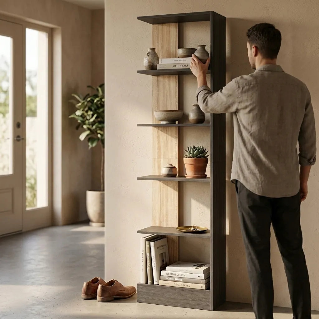 Colonne de rangement chêne 5 compartiments pour salon - Le Duotonio