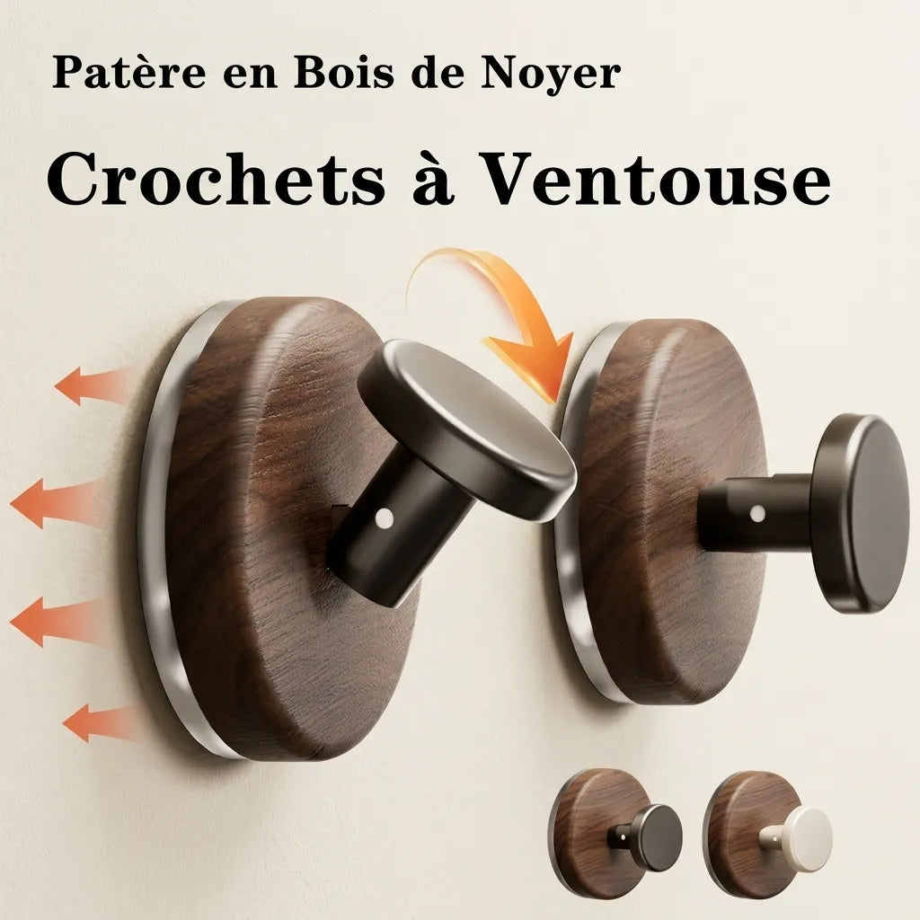 Crochet mural Le Ventio en bois de noyer véritable, ventouse puissante et design élégant.