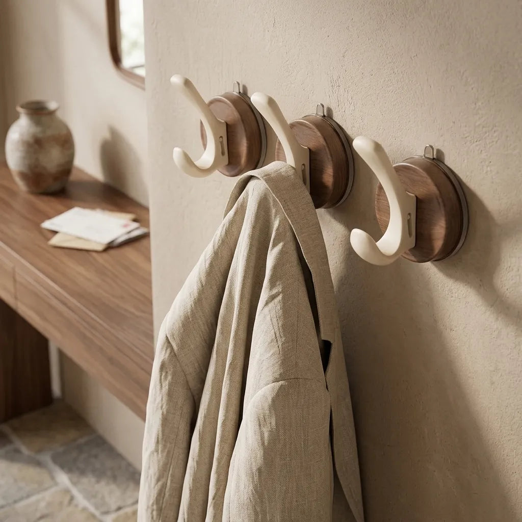 Lot de 4 crochets adhésifs noyer pour salle de bain - Le Doublio