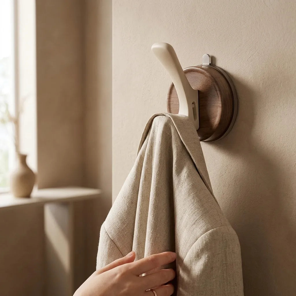 Lot de 4 crochets adhésifs noyer pour salle de bain - Le Doublio