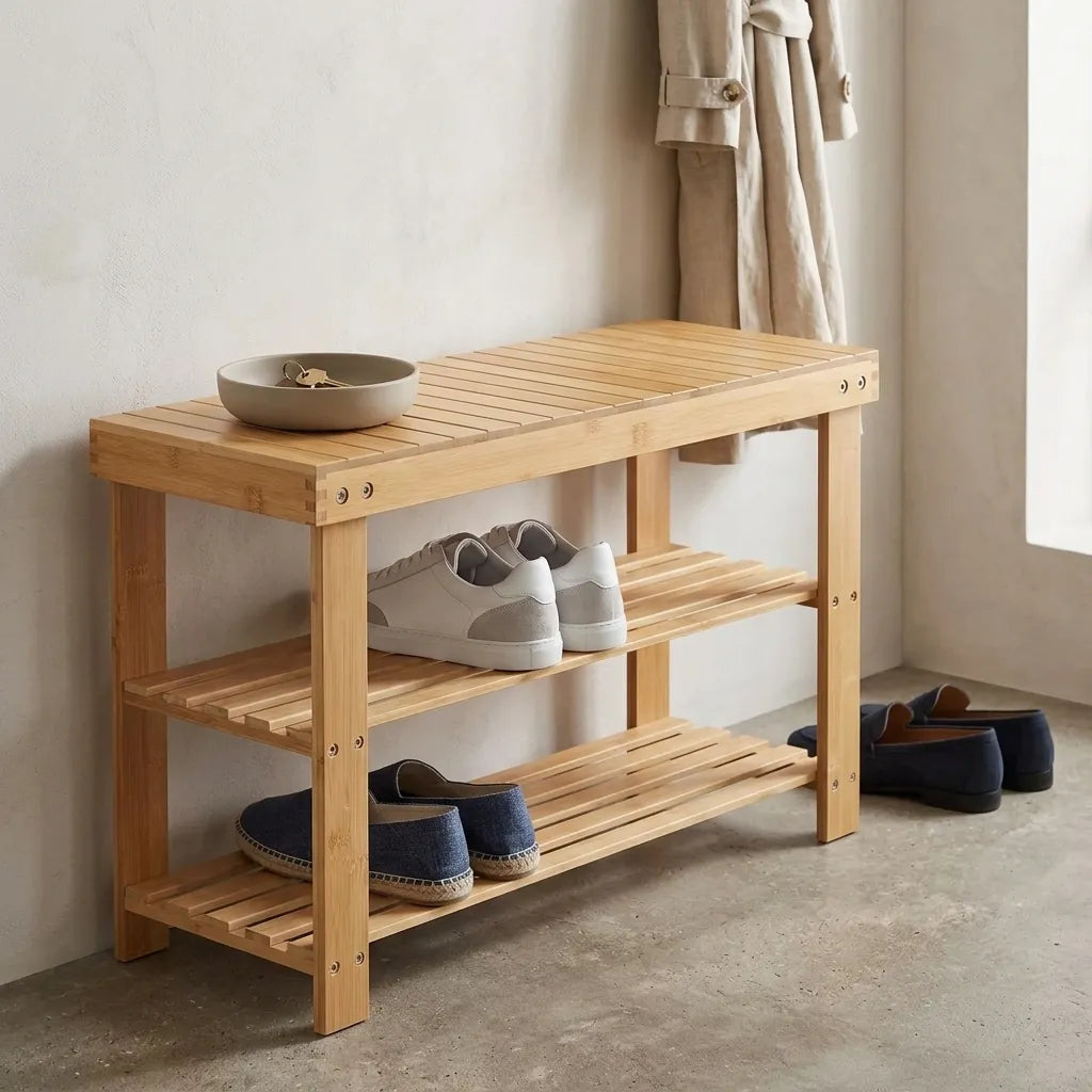 Étagère à chaussures en bambou à lattes avec assise - Le Lattio