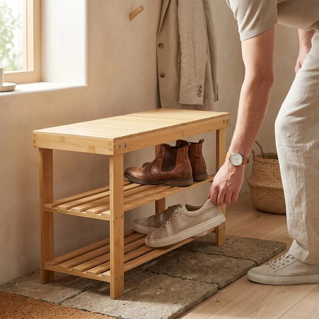 Étagère à chaussures en bambou à lattes avec assise - Le Lattio