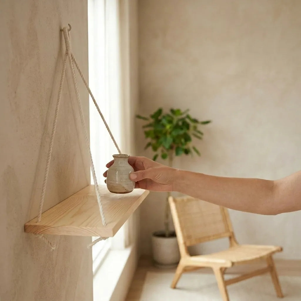 Étagère murale suspendue en bois et corde de chanvre - La Swingio