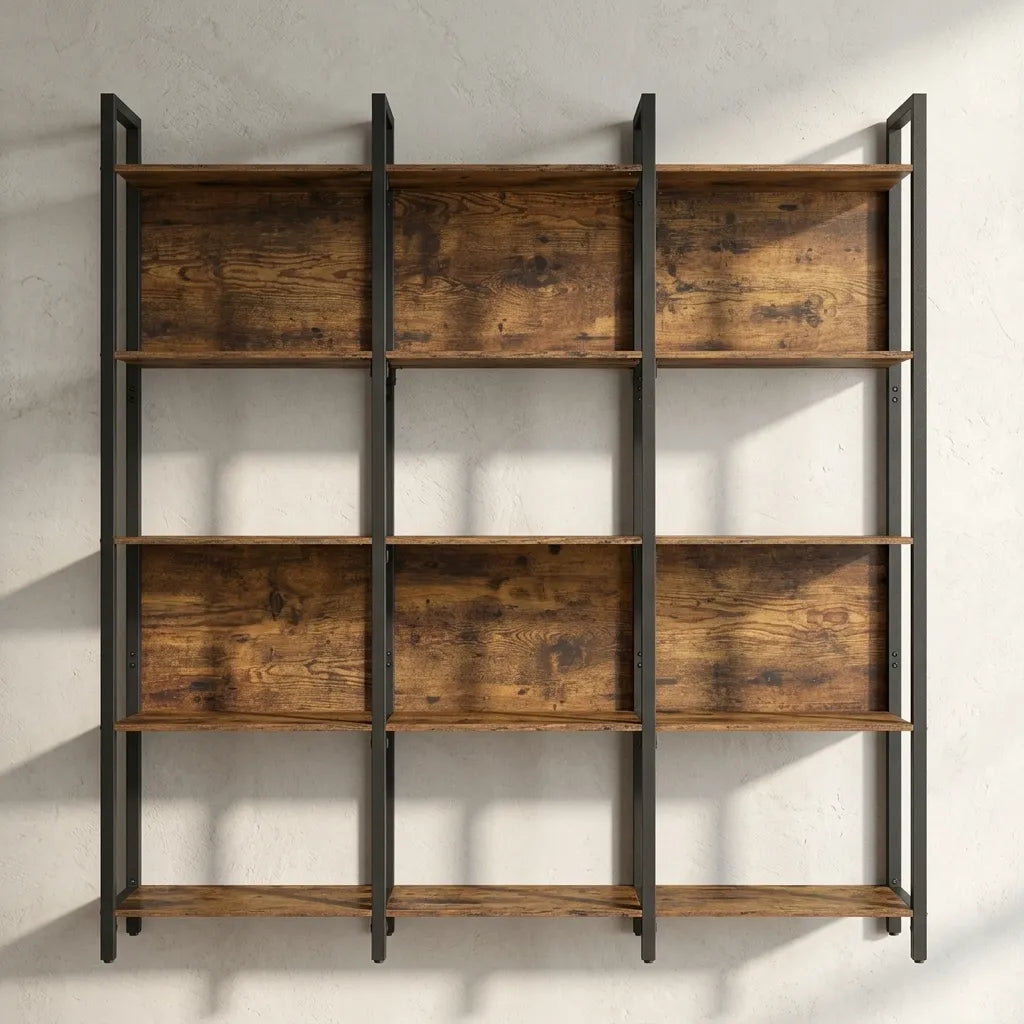Grande bibliothèque bois et métal industrielle 5 niveaux 3 colonnes - Le Grandio